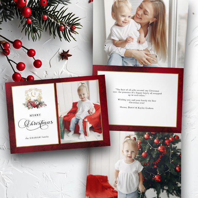 Classic Christmas Floral Crest Photo Tri-Fold Holiday Card (Creator Uploaded)