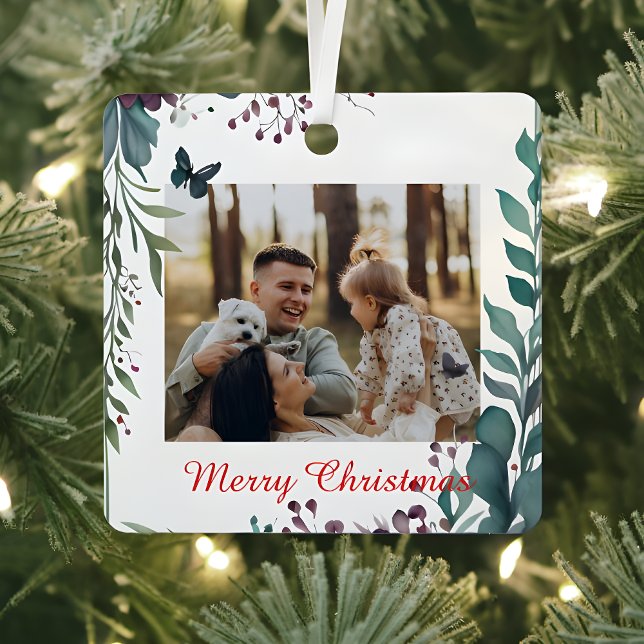 Classic Christmas Floral Frame Photo  Metal Tree Decoration (Creator Uploaded)