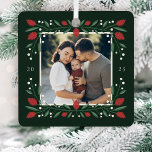 Classic Christmas Floral Frame Photo Metal Tree Decoration<br><div class="desc">This beautiful Christmas photo ornament features a hand drawn floral and greenery frame in classic Christmas colours of red,  green,  and ivory over a dark green background. Works well with many decor themes. Easy to customise with a favourite photo (and also makes a great gift)!</div>
