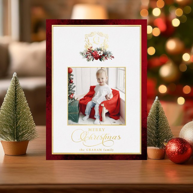 Classic Christmas Floral Gold Crest Photo Foil Holiday Card (Creator Uploaded)