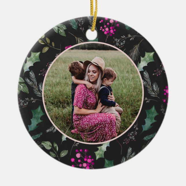 Classic Christmas Floral Photo Christmas Ornament  (Front)