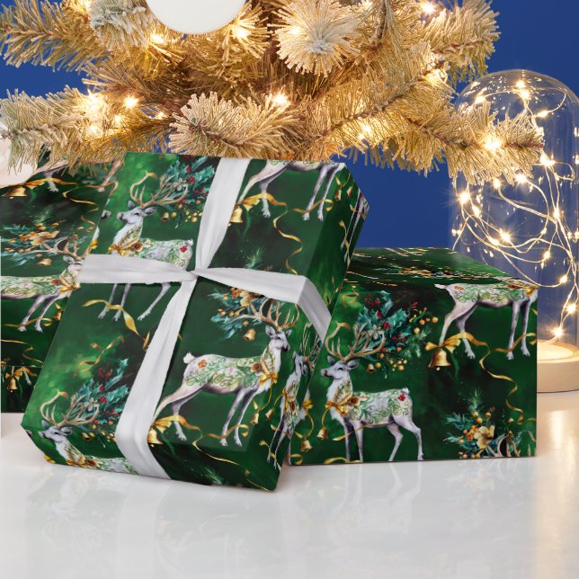 Classic Christmas Gold Bells & Reindeers Wrapping Paper (Holidays)