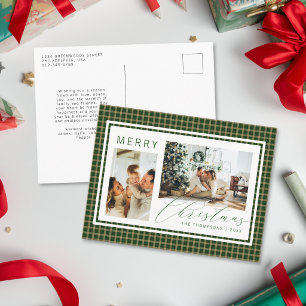 Classic Christmas Green Gingham Plaid Two Photo Holiday Postcard