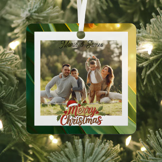Classic Christmas Green & Gold Frame Photo Metal Tree Decoration