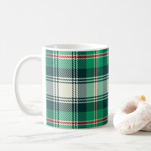 Classic Christmas Holiday Green Tartan Plaid  Coffee Mug (With Donut)