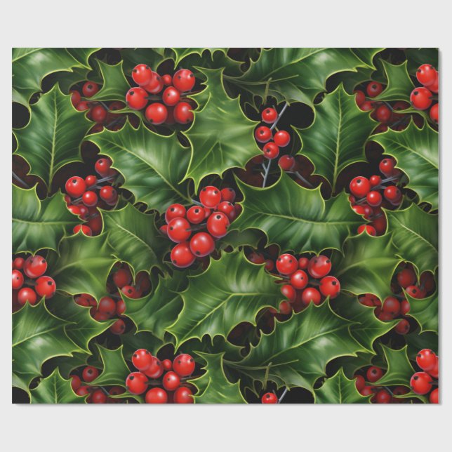 Classic Christmas Holly and Berries Wrapping Paper (Flat)