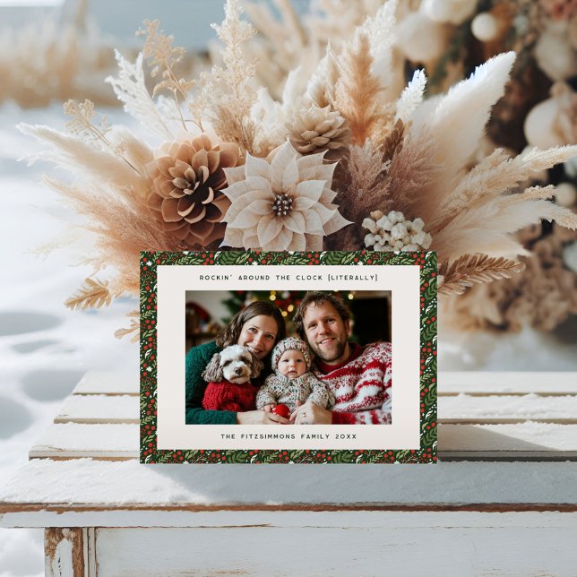 Classic Christmas Holly Holiday Family Photo Card (Holly Leaf Christmas horizontal photo card
)