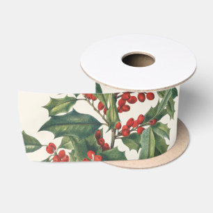 Classic Christmas Holly with Red Berries Art Satin Ribbon