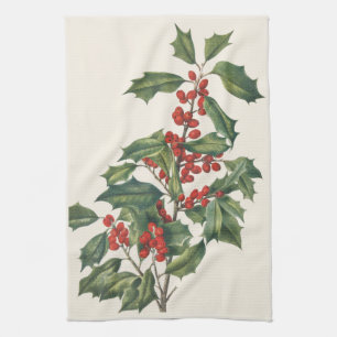 Classic Christmas Holly with Red Berries Art Tea Towel