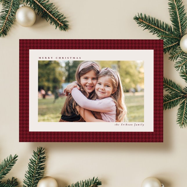Classic Christmas houndstooth frame one photo red Holiday Card (Creator Uploaded)