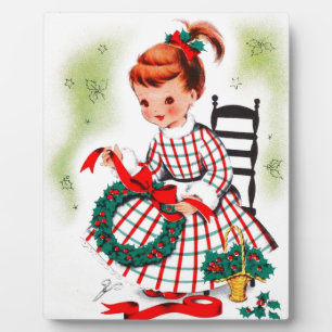 Classic Christmas Little Girl With Wreath Ribbons Plaque