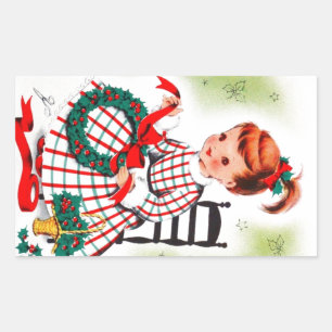 Classic Christmas Little Girl With Wreath Ribbons Rectangular Sticker