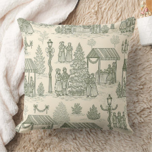 Classic Christmas Market Toile in Green and Cream Cushion