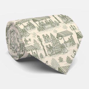 Classic Christmas Market Toile in Green and Cream Tie