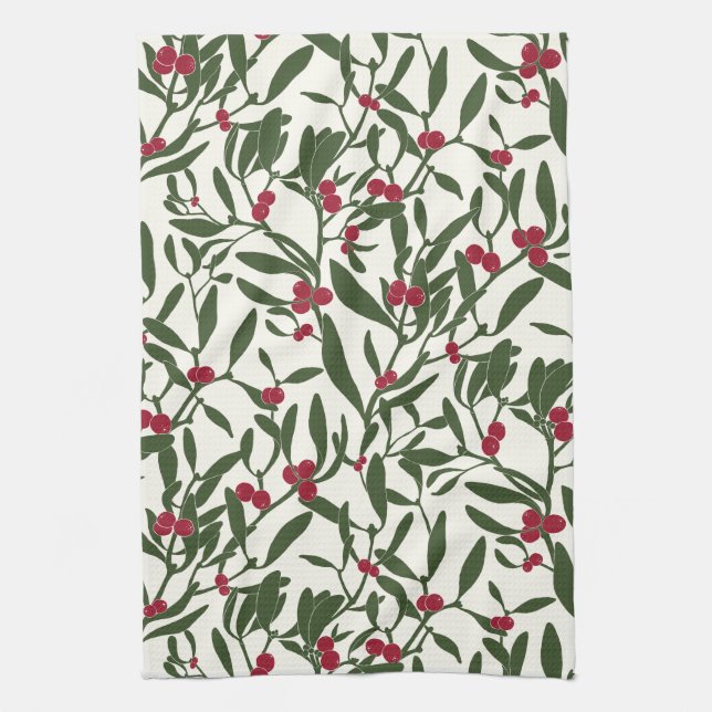 Classic Christmas Mistletoe Red and Green Tea Towel (Vertical)