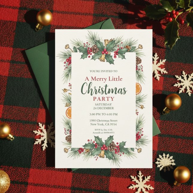Classic Christmas Party Invitation Holly Frame (Traditional Christmas)