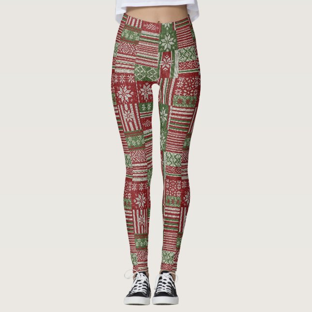 Classic Christmas Patchwork Knit -Red, Green (2) Leggings (Front)