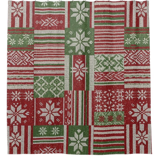 Classic Christmas Patchwork Knit -Red, Green (2) Shower Curtain (Front)