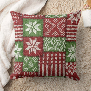 Classic Christmas Patchwork Knit -Red, Green Cushion