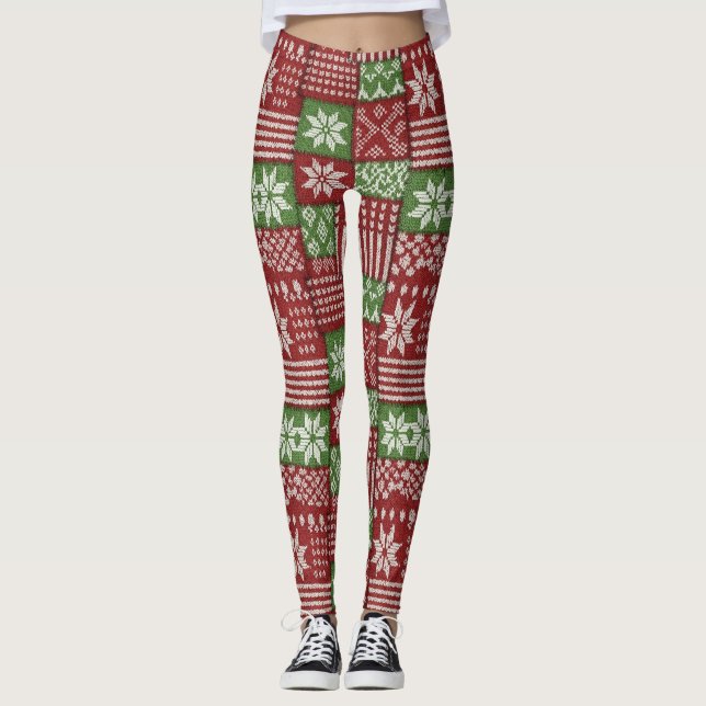 Classic Christmas Patchwork Knit -Red, Green Leggings (Front)