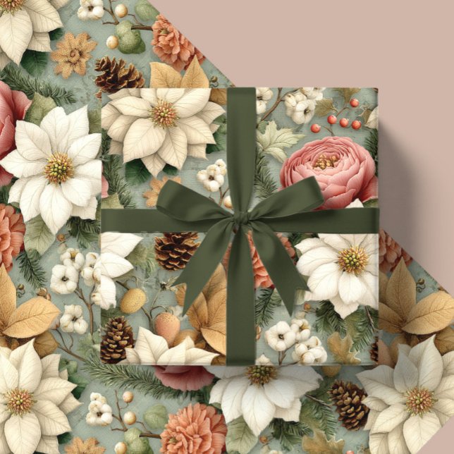 Classic Christmas Pink and Sage Green Floral Gift Wrapping Paper (Creator Uploaded)