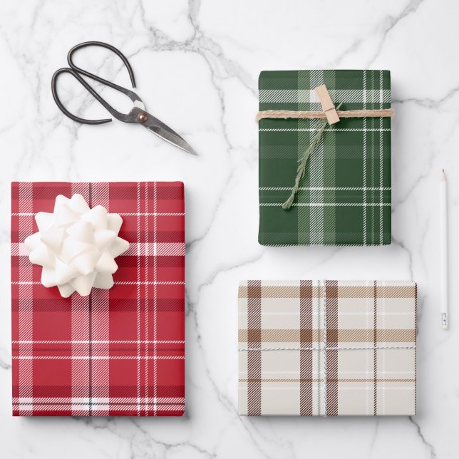 Classic Christmas Plaid collection Red Green Cream Wrapping Paper Sheet (Front)