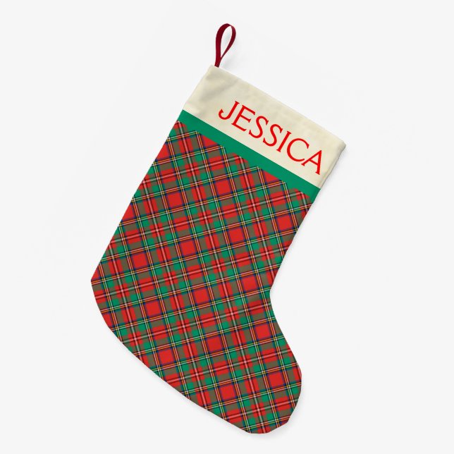Classic Christmas Plaid Custom Name Small Christmas Stocking (Front (Hanging))