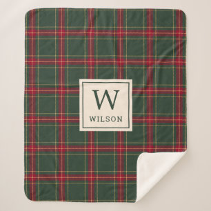 Classic Christmas Plaid Family Name Monogram Sherpa Blanket