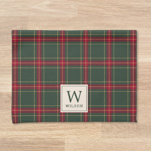 Classic Christmas Plaid Family Name Monogram Tea Towel