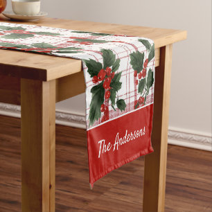 Classic Christmas Plaid Holly Berry Family Name Short Table Runner
