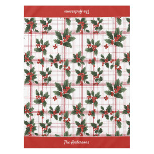 Classic Christmas Plaid Holly Berry Family Name Tablecloth