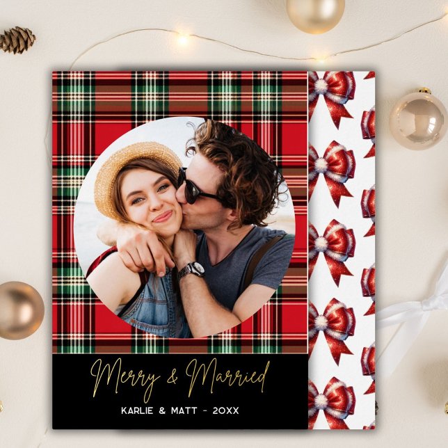Classic Christmas Plaid Merry & Married Photo  Foil Holiday Card (Creator Uploaded)