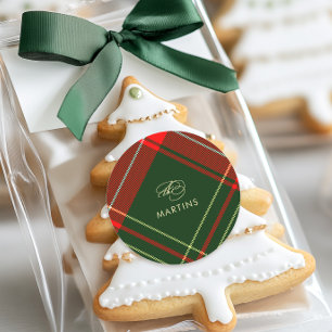 Classic Christmas Plaid with Name Holiday Classic Round Sticker