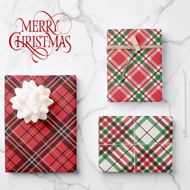 Classic Christmas Plaids Green Red 3 Coordinating Wrapping Paper Sheet (Creator Uploaded)