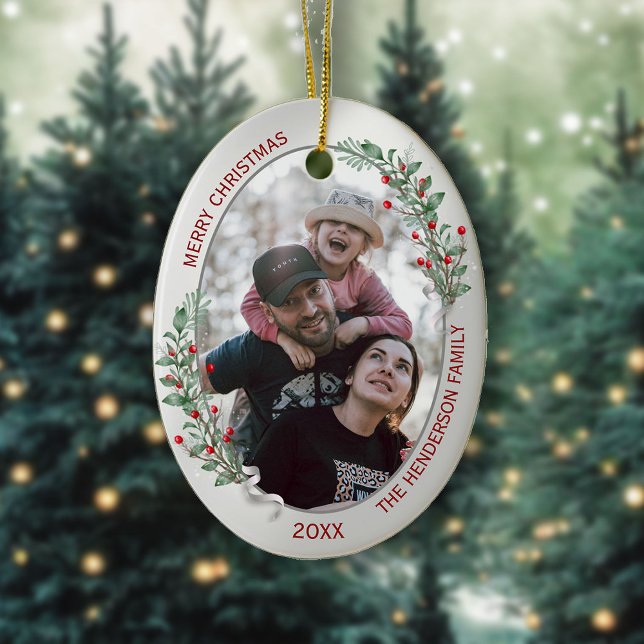 Classic Christmas Plants Silver Frame Family Photo Ceramic Ornament (Creator Uploaded)