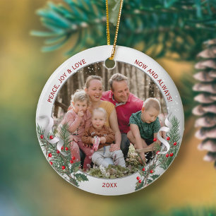 Classic Christmas Plants Silver Frame Family Photo Ceramic Ornament