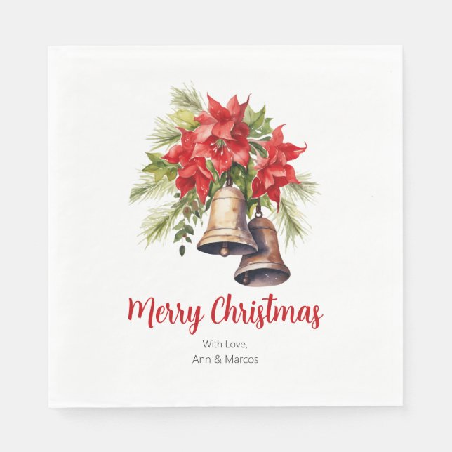 Classic Christmas Poinsettia & Greenery Foliage Napkin (Front)