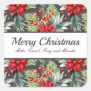 Classic Christmas Poinsettias Custom Holiday Square Sticker