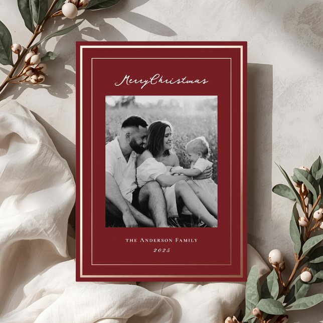 Classic Christmas Red and Gold Frame Family Photo Foil Holiday Card (Creator Uploaded)