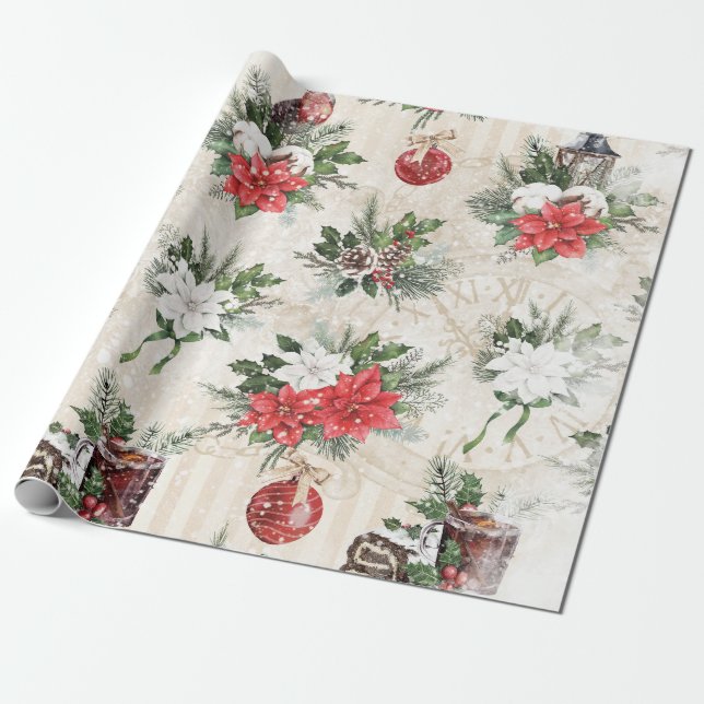  Classic Christmas red and white poinsettia flower Wrapping Paper (Unrolled)