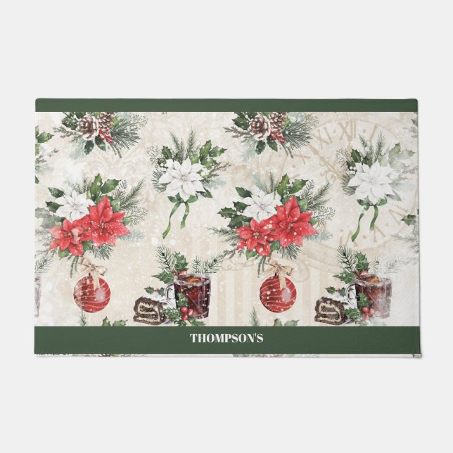 Classic Christmas red and white poinsettia flowers Doormat (Front)