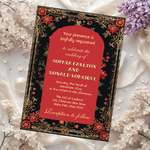 Classic Christmas Red Chinoiserie Floral Wedding Invitation