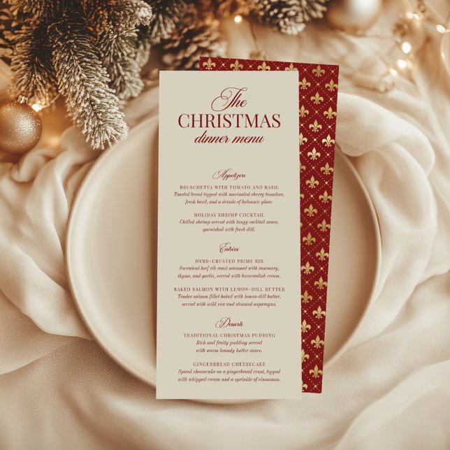 Classic Christmas Red & Gold Foil Imitation Menu Invitation (Classic Christmas Red & Gold Calligraphy Menu)