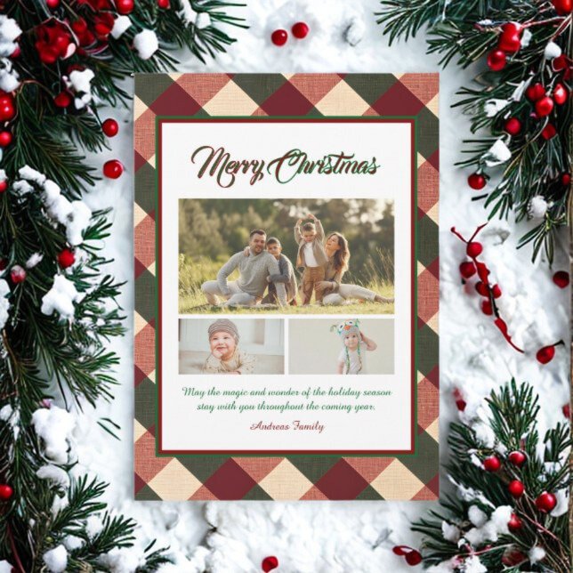 Classic Christmas Red Green Plaid 3 Photo  Holiday Card (Creator Uploaded)