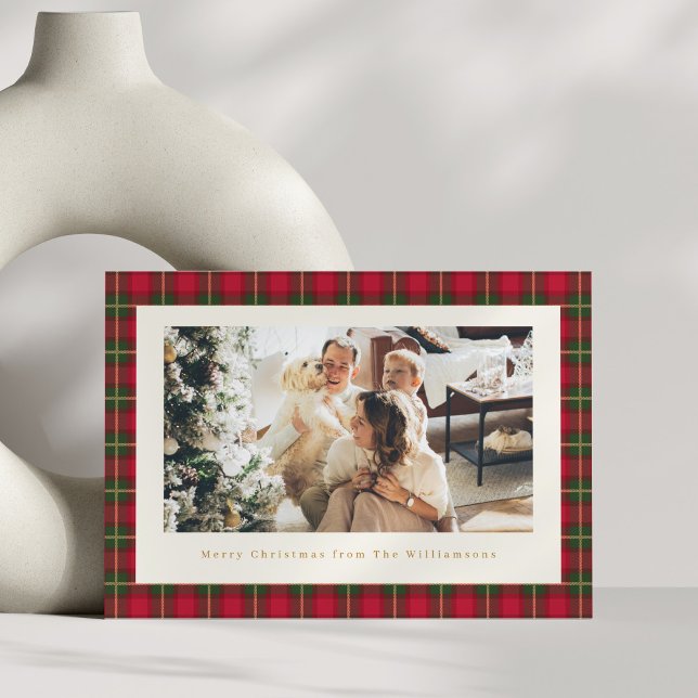 Classic Christmas Red Green Plaid Horizontal Photo Holiday Card (Creator Uploaded)