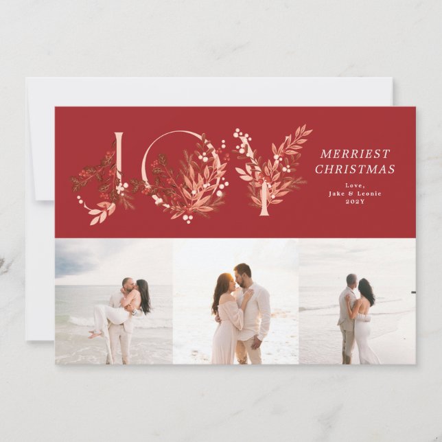 Classic Christmas Red JOY 3 Photo Holiday Card (Front)