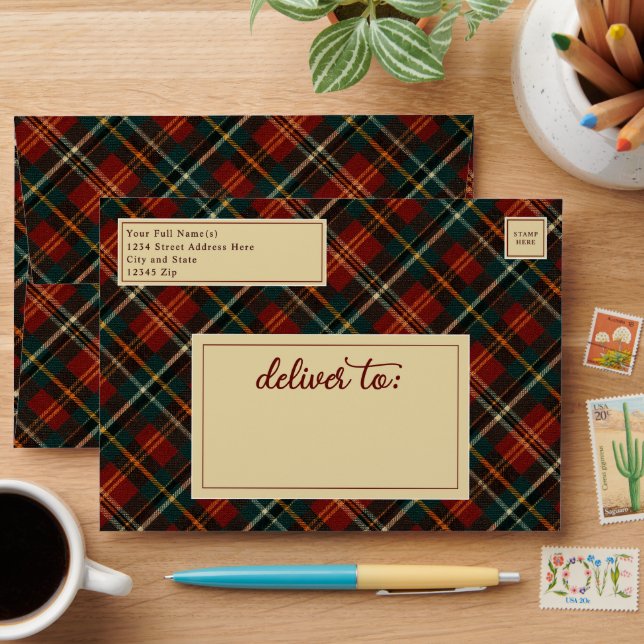 Classic Christmas Red Tartan Plaid Custom Envelope (Desk)