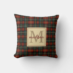 Classic Christmas Red Tartan Plaid Monogram Name Cushion
