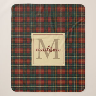 Classic Christmas Red Tartan Plaid Monogram Name Sherpa Blanket