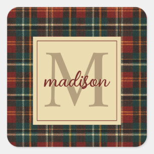 Classic Christmas Red Tartan Plaid Monogram Name Square Sticker